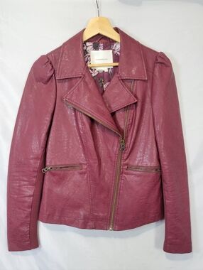 Anthropologie Petula Burgundy Puff Sleeve Moto Bike Faux Leather Zip Jacket